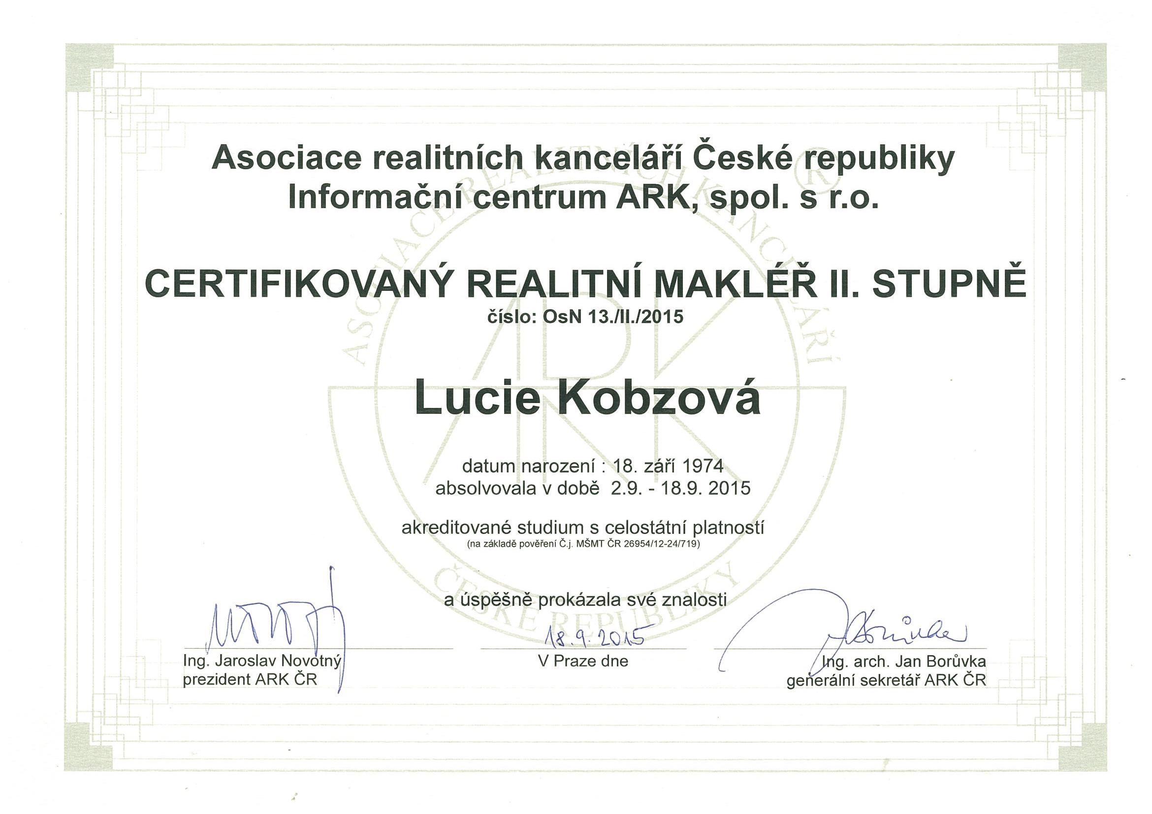 Certifikovaný realitní makléř II. stupně - Lucie Kobzová